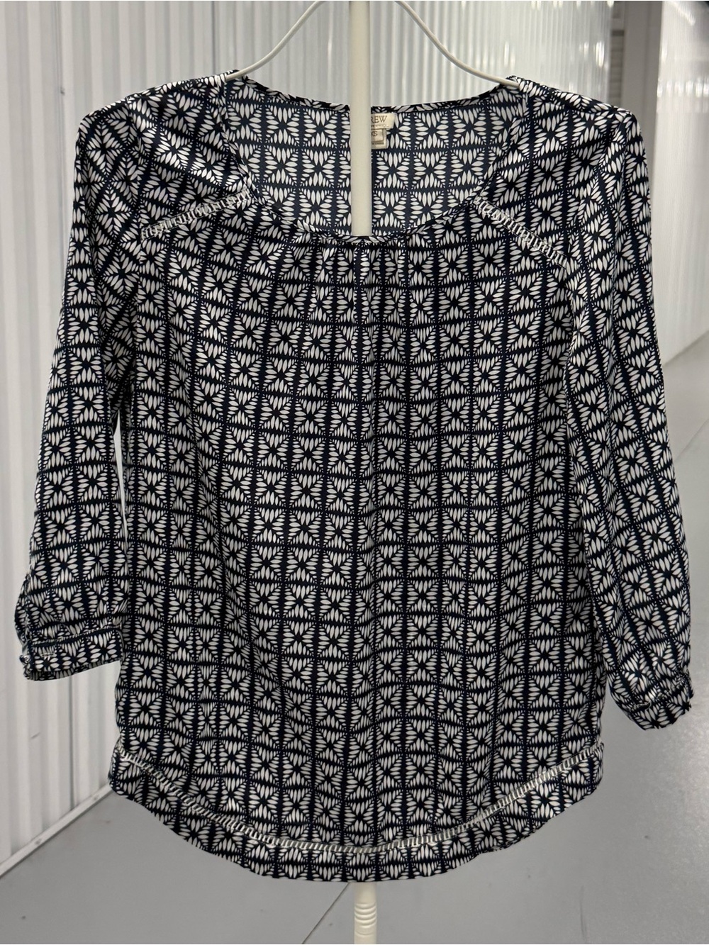 J. Crew Navy and White Geometric Peasant Blouse